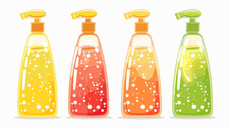 Four Diverse Liquid Soap Bottles Displayed on a Pristine White Backgroundのイラスト素材