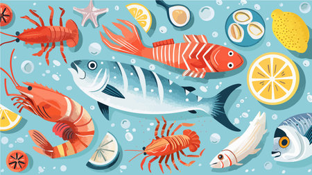 Vibrant Illustration of Seafood Assortment with Citrus on Blue Backgroundのイラスト素材