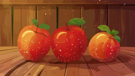 Vibrant Cartoon Red Apples on Wooden Textured Backgroundのイラスト素材