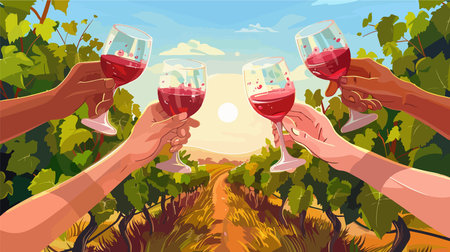 Friends Celebrating with Red Wine in a Sun-Kissed Vineyardのイラスト素材