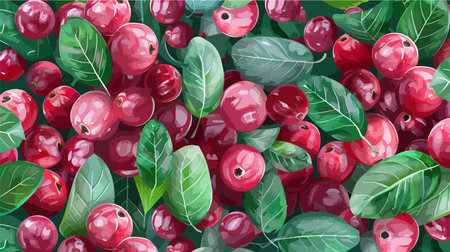 Frozen Red Cranberries Adorned with Green Leaves on an Icy Blue Backgroundのイラスト素材