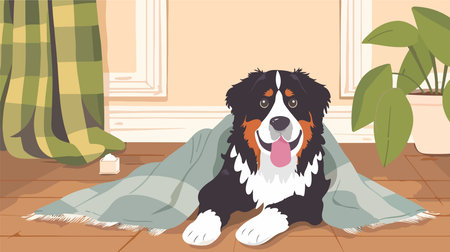 Cute and Cozy Bernese Mountain Dog Lounging on a Blanket Indoorsのイラスト素材