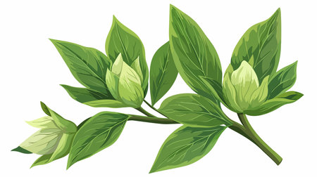 Cartoon Illustration of Fresh Green Peony Leaves Isolated on White Backgroundのイラスト素材