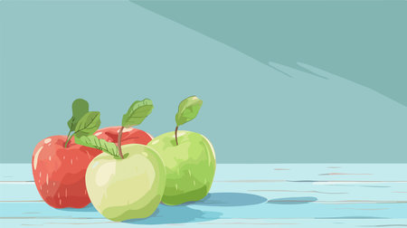 Fresh and Ripe Red and Green Apples on a Light Blue Wooden Tableのイラスト素材