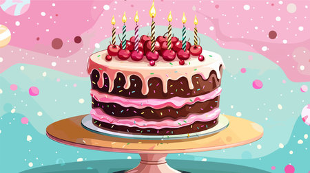 Delectable Birthday Cake Displayed on a Stand with a Vibrant Backgroundのイラスト素材