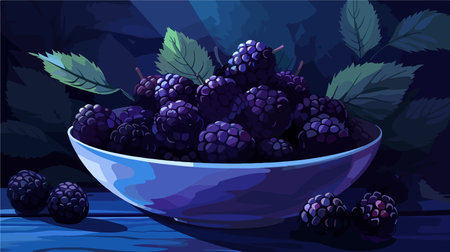 Blackberries in a Clear Bowl on a Blue Wooden Tableのイラスト素材