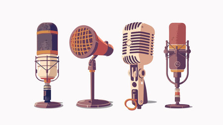 Assortment of Four Microphones Displayed on a Pristine White Backgroundのイラスト素材