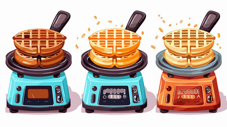 Modern Electric Waffle Makers: A Culinary Quadruple Delight on a Pristine White Backgroundのイラスト素材