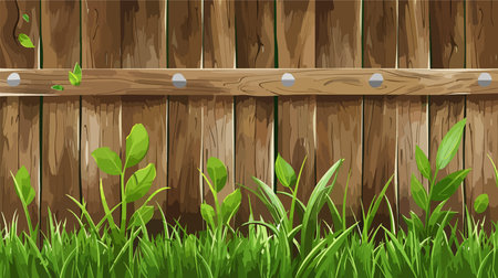 Lush Green Grass Beside Rustic Wooden Fence with Copy Spaceのイラスト素材