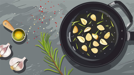 Aromatic Rosemary and Garlic Saute in a Seasoned Frying Pan with Olive Oilのイラスト素材