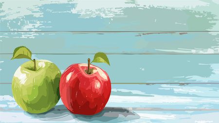 Fresh and Ripe Red and Green Apples on a Light Blue Wooden Tableのイラスト素材