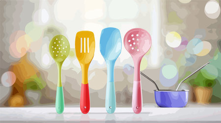 Four Shiny Cooking Utensils Displayed on a Pure White Tabletopのイラスト素材