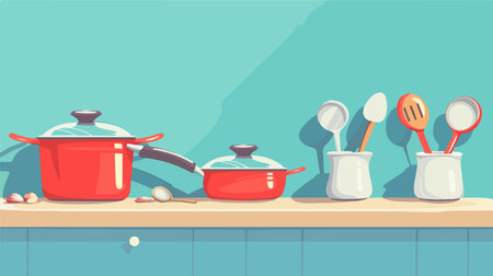 Display of Cookware and Utensils on a Tabletop with Blue Patternのイラスト素材