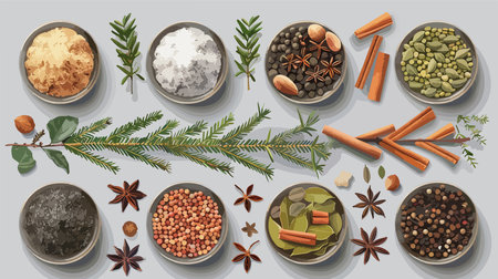 Close-Up View of Various Spices and Fir Branches on a Gray Tabletopのイラスト素材