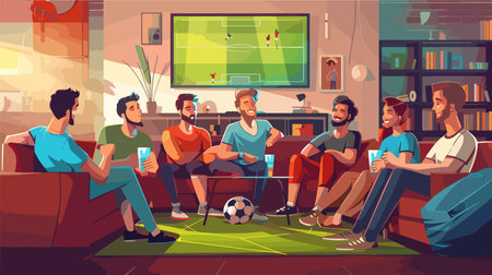 Animated Friends Watching Football Game Together at Homeのイラスト素材