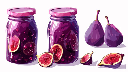 Sweet Fig Preserves in Glass Jars on White Backgroundのイラスト素材