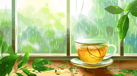 Tranquil Moment: Serene Glass Cup with Hot Green Tea by the Windowのイラスト素材