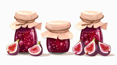 Sweet Fig Preserves in Glass Jars on White Backgroundのイラスト素材