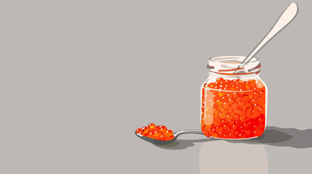 Red Caviar Delicacy in a Glass Jar and Spoon Set on a Grey Backgroundのイラスト素材