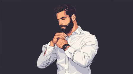 Bearded Man Finishes Suiting Up with Cufflinks on Sleek Black Backgroundのイラスト素材