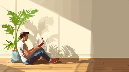 Person Reading a Book on a Wooden Floor by a Lit Windowのイラスト素材