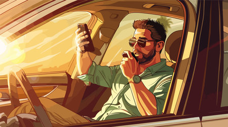 Caricature illustration of a person on a phone call in a modern vehicleのイラスト素材