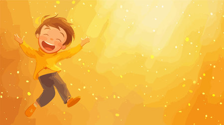 Joyful Young Boy Leaping with Exuberance Against Golden Backdrop with Ample Text Spaceのイラスト素材