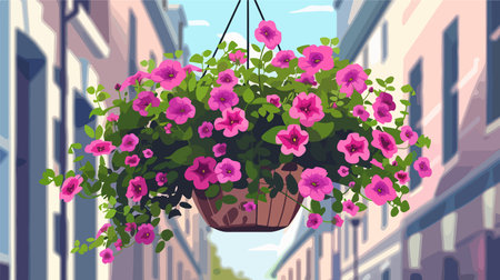 Hanging Pot of Vibrant Blooming Petunia Flowers in a Stunning Displayのイラスト素材