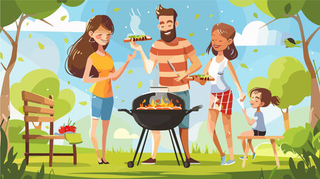 Joyous Family Gathering for a Summer Barbecue in the Parkのイラスト素材