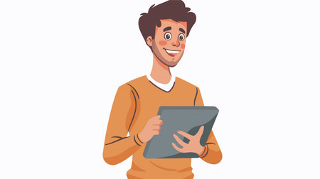 Joyful Man Using Digital Tablet on Isolated White Background Cartoon Vector