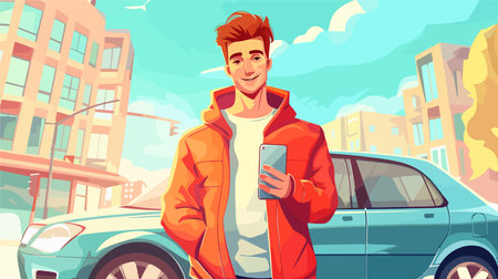 Person Using Smartphone Next to Car Outdoorsのイラスト素材