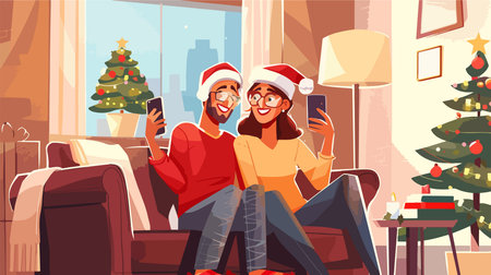 Joyous Elderly Couple Embracing Christmas Spirit with a Festive Selfie at Homeのイラスト素材