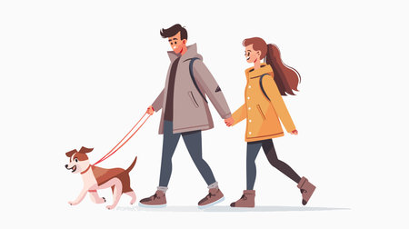 Couple and Dog Enjoying a Stroll in a Serene White Settingのイラスト素材