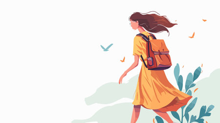 Illustration of Person in Yellow Dress with Backpack Surrounded by Birds and Foliageのイラスト素材