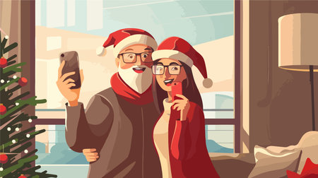Joyous Elderly Couple Embracing Christmas Spirit with a Festive Selfie at Homeのイラスト素材