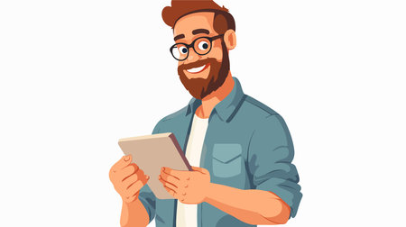 Joyful Man Using Digital Tablet on Isolated White Background Cartoon Vectorのイラスト素材