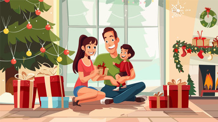 Joyful Family Exchanging Christmas Gifts at Homeのイラスト素材