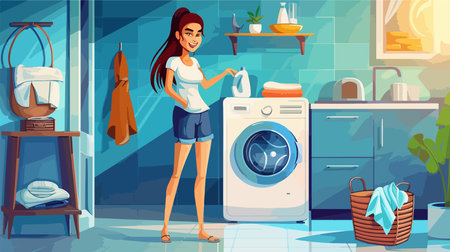Joyful Woman Doing Laundry in Modern Home Near Washing Machineのイラスト素材