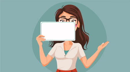 Joyous Woman Presenting a Blank Business Card Against a Gray Backgroundのイラスト素材