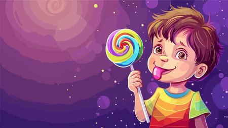 Joyful Child Delighting in Sweet and Colorful Lollipop Swirlのイラスト素材