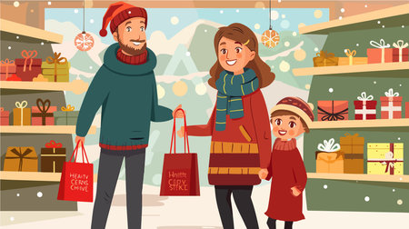 Joyous Family Engaging in Christmas Shopping at a Retail Storeのイラスト素材