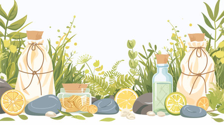 White Background Spa Products: Herbal Massage Bags and Other Essentialsのイラスト素材