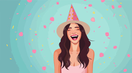 Exuberant Young Woman in Festive Celebration with Blue Backdropのイラスト素材