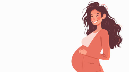 Joyous Pregnant Woman Radiantly Posing on a Pristine White Backgroundのイラスト素材