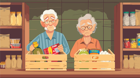Humanitarian Aid for Elderly People: Crate with Essential Donationsのイラスト素材