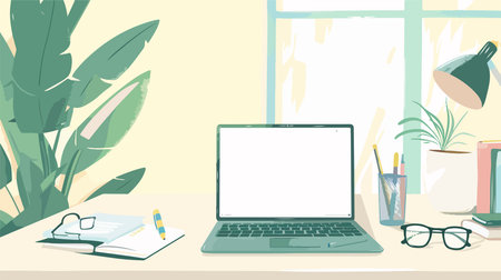 Modern Home Office Workspace with Laptop, Glasses, Stationery, and Plantのイラスト素材