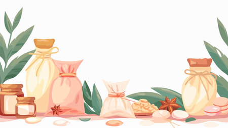 White Background Spa Products: Herbal Massage Bags and Other Essentialsのイラスト素材