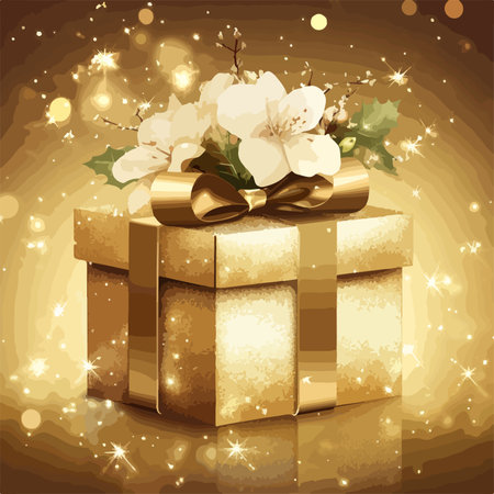 Glittering Golden Gift Box with Bow and Flowers on Sparkling Backgroundのイラスト素材