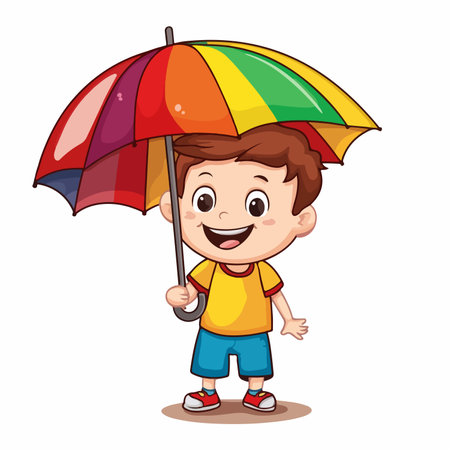 Cheerful Kid Sheltered by Vibrant Umbrella in Colorful Illustrationのイラスト素材