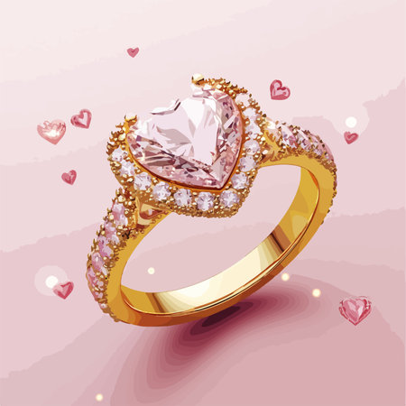 Heart-Shaped Golden Engagement Ring Set on a Delicate Pastel Pink Backgroundのイラスト素材